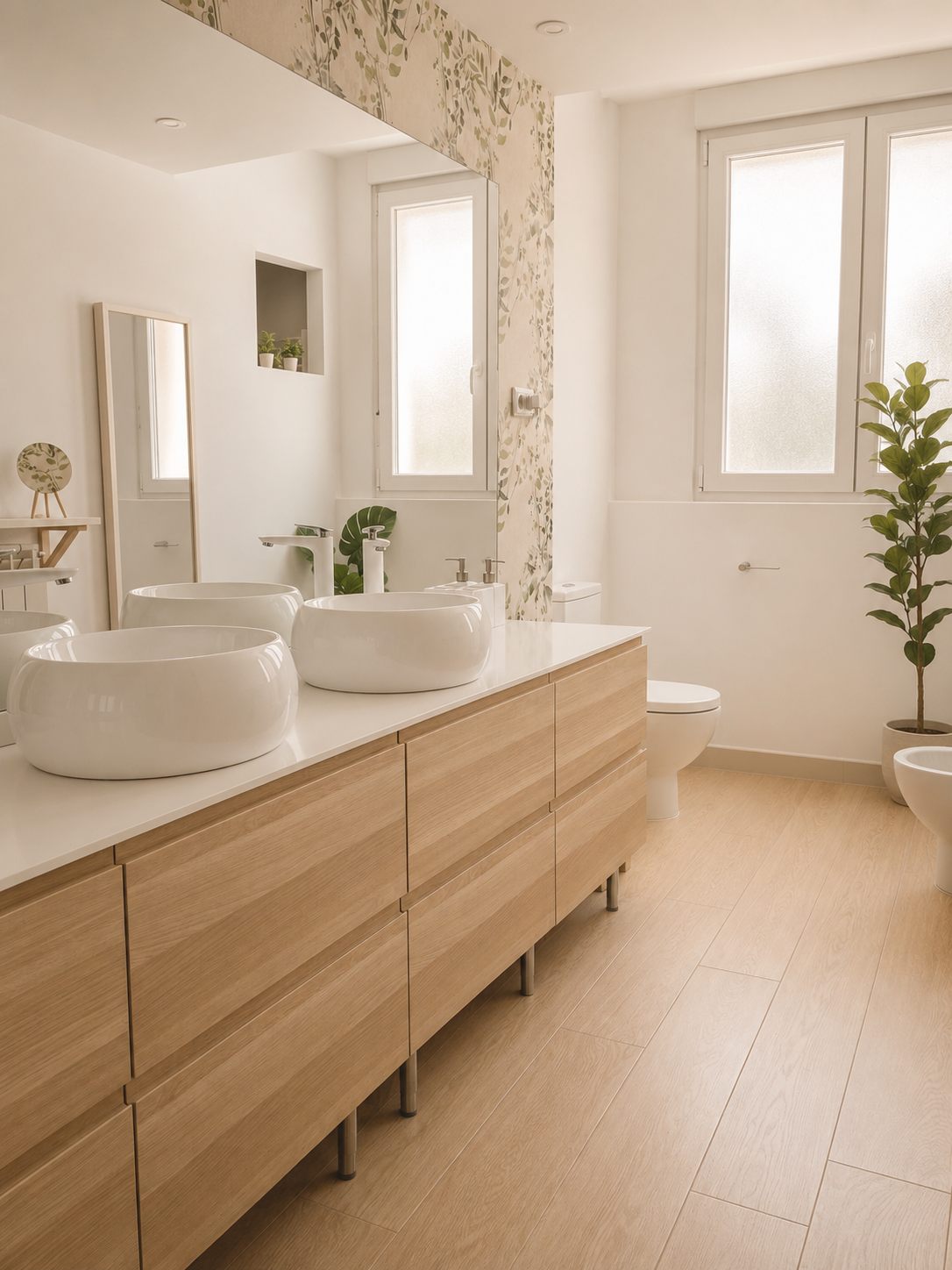 Baño reformado con doble seno de cerámica y mueble de madera natural