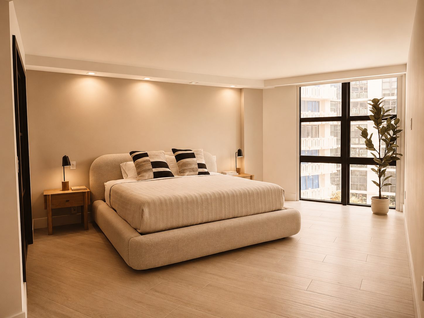 Dormitorio con cama tapizada en tono arena y ventanal con vistas